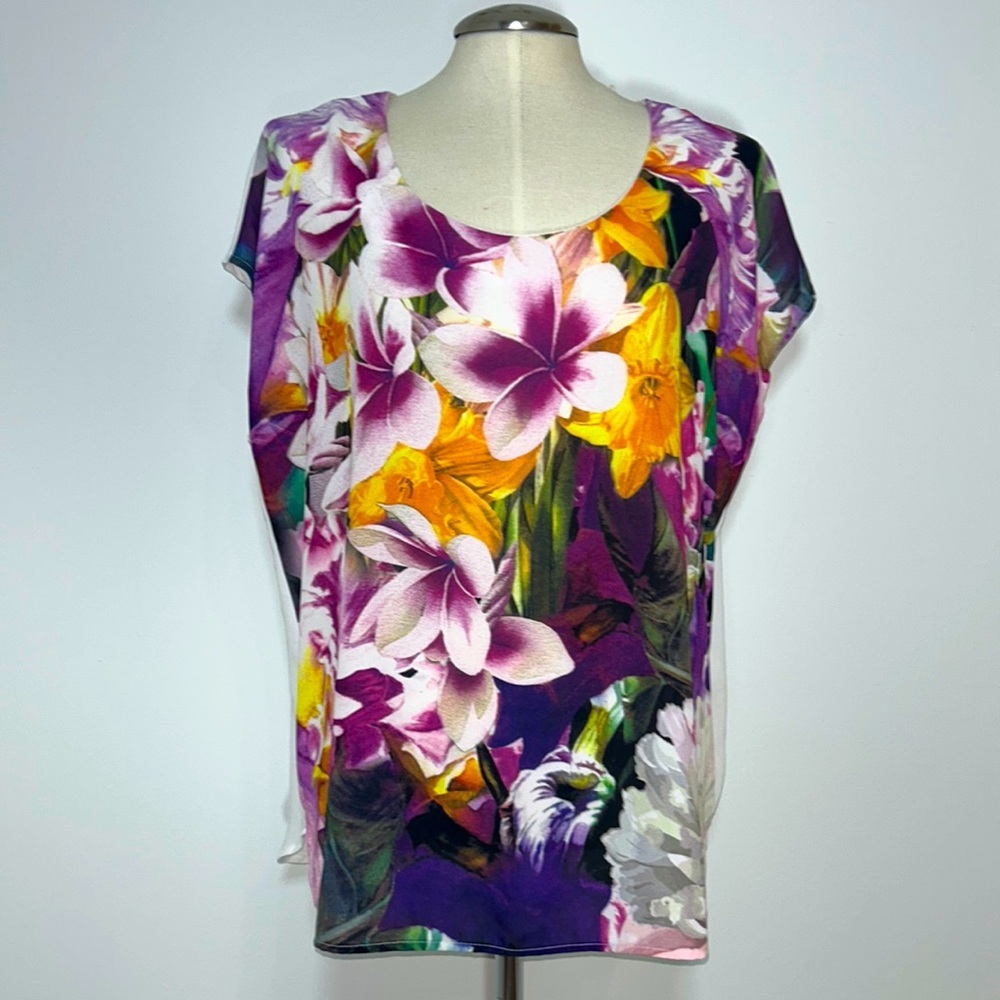 Pleione Cap Sleeve Floral Blouse Size Large